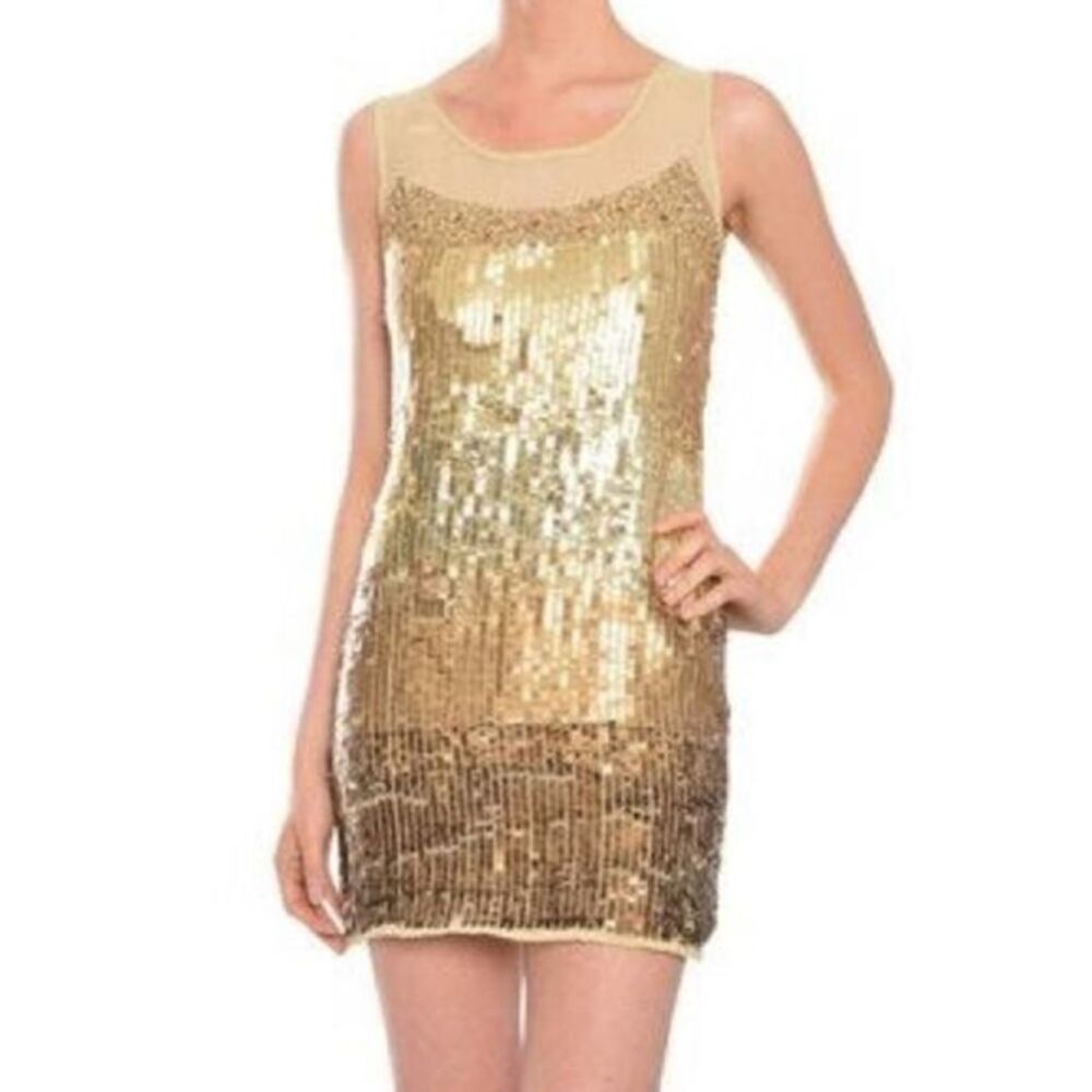 ABS byย ALLEN SCHWARTZ Gold YokeโSequin Shift Dress US 4